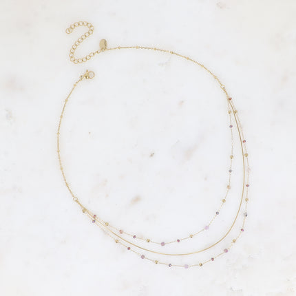 Collier - 3 rangs, maille serpent fine, pierres naturelles et oxydes de zirconium