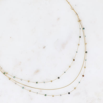 Collier - 3 rangs, maille serpent fine, pierres naturelles et oxydes de zirconium