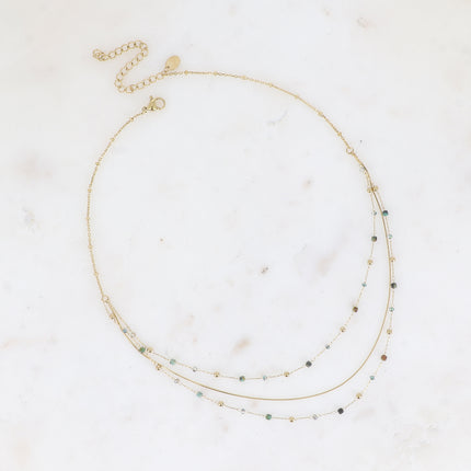 Collier - 3 rangs, maille serpent fine, pierres naturelles et oxydes de zirconium