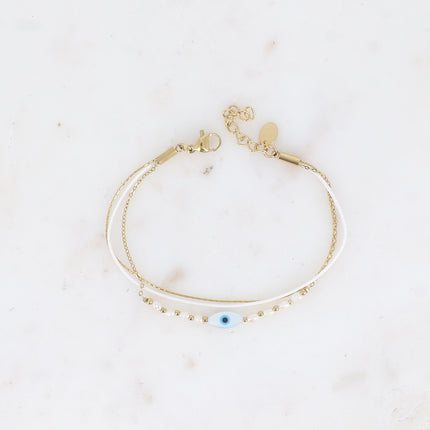 Bracelet Hella - 3 rangs, cordon, maille serpent fine, oeil et perles d'eau douce