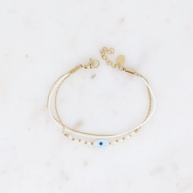 Bracelet Hella - 3 rangs, cordon, maille serpent fine, oeil et perles d'eau douce