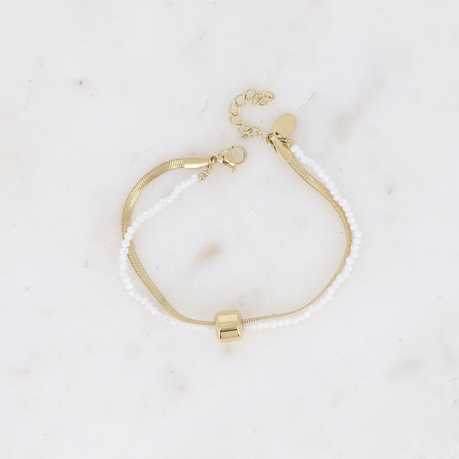 Bracelet Adelya - 2 rangs, maille miroir, cordon avec pâte de verre et cylindre