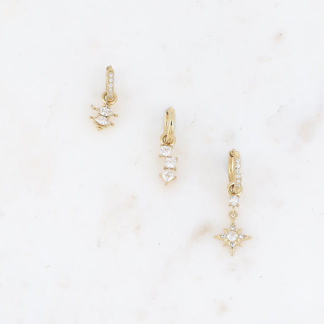 Set de 3 créoles - cristaux (amandes, carrés et étoile)