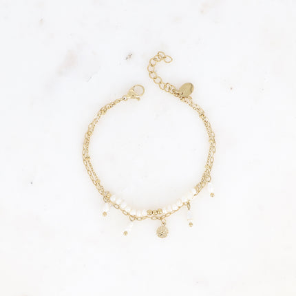 Bracelet Edina - 2 rangs en acier inoxydable avec pampille soleil et perles d'eau douce