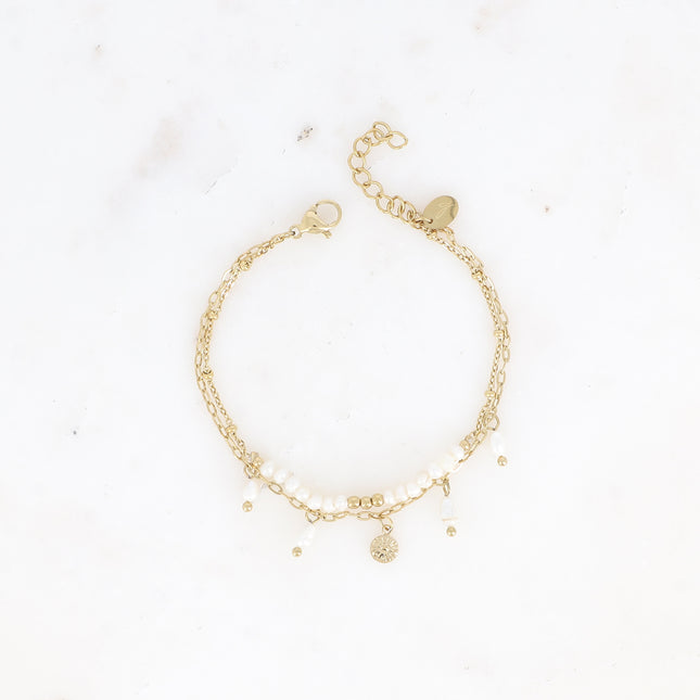 Bracelet Edina - 2 rangs en acier inoxydable avec pampille soleil et perles d'eau douce