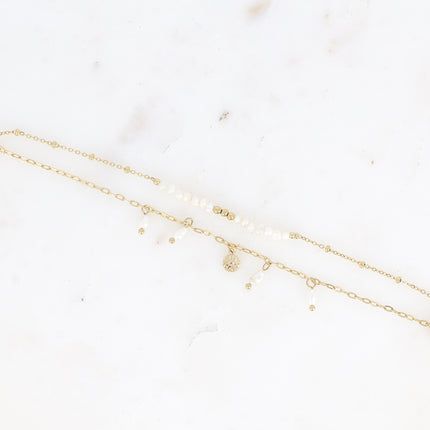 Bracelet Edina - 2 rangs en acier inoxydable avec pampille soleil et perles d'eau douce
