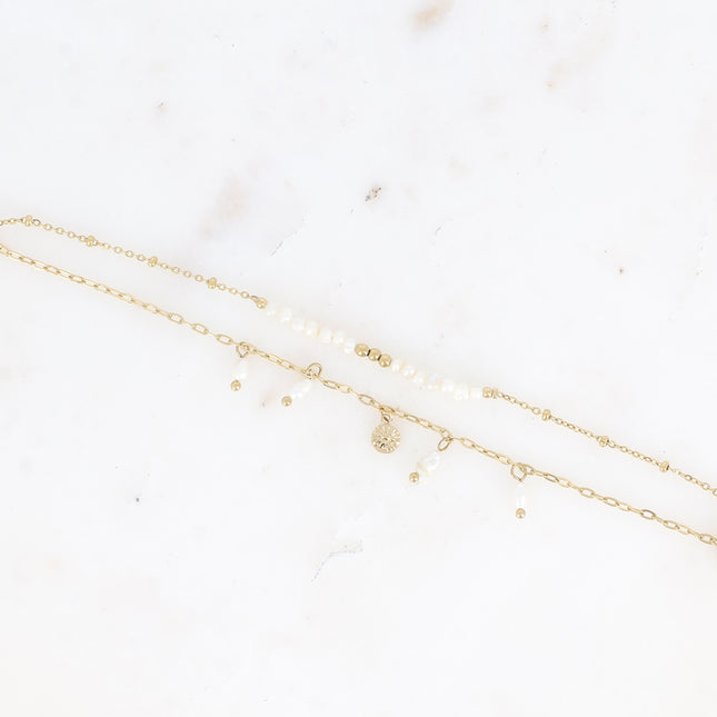 Bracelet Edina - 2 rangs en acier inoxydable avec pampille soleil et perles d'eau douce