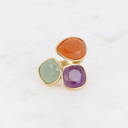 Bague ouverte Idrissa - 3 pierres naturelles, goutte et carrées 10mm