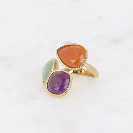 Bague ouverte Idrissa - 3 pierres naturelles, goutte et carrées 10mm