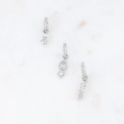 Set of 3 hoop earrings - in stainless steel with crystal (round, teardrop and wheat)