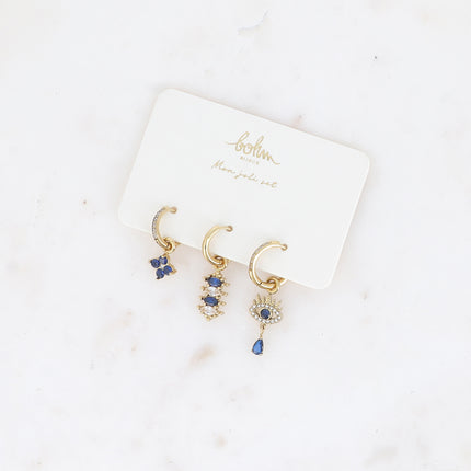 Set de 3 créoles - en acier inoxydable avec cristal (trèfle, amandes et oeil)