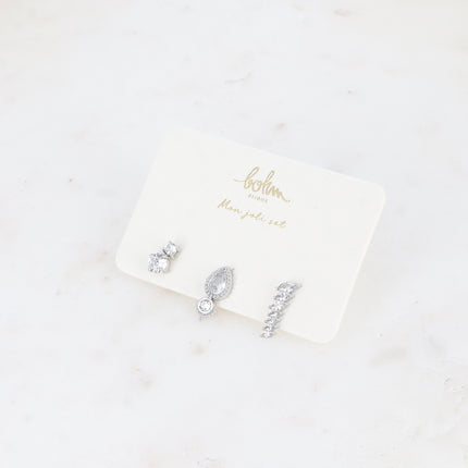 Set de 3 piercings - en acier inoxydable avec cristal (coquillage, losange texturé et lignée de cristaux)