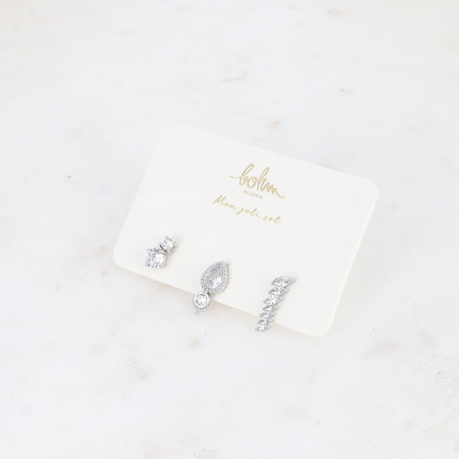 Set de 3 piercings - en acier inoxydable avec cristal (coquillage, losange texturé et lignée de cristaux)