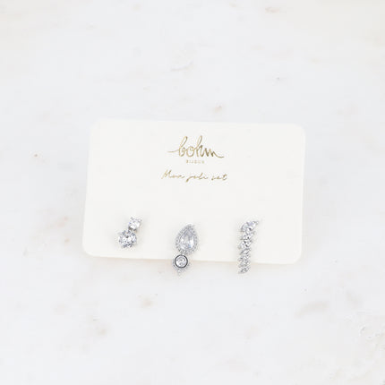 Set de 3 piercings - en acier inoxydable avec cristal (coquillage, losange texturé et lignée de cristaux)