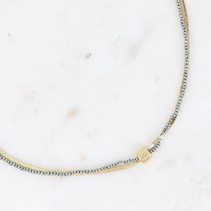 Collier Adelya - 2 rangs, maille miroir, cordon avec pâte de verre et cylindre