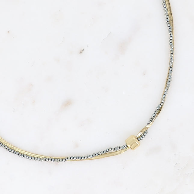 Adelya Necklace - 2 strands, mirror mesh, cord with glass paste and cylinder
