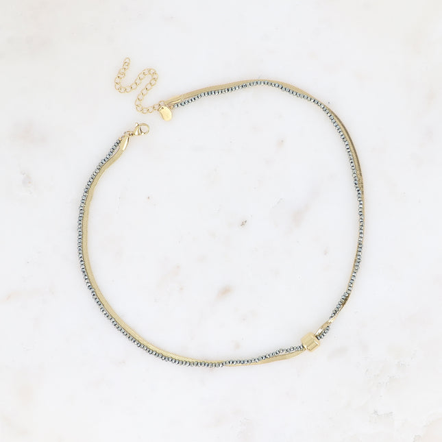 Adelya Necklace - 2 strands, mirror mesh, cord with glass paste and cylinder
