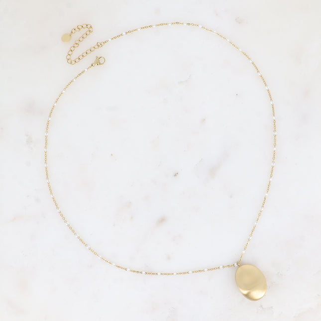 Jennie Necklace - enameled chain, large oval pendant with a brushed effect