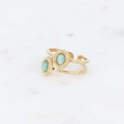 Bague - 2 rangs, 2 pierres naturelles ovales, contour effet milgrain