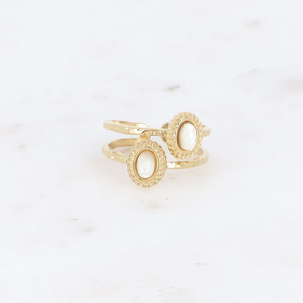 Bague - 2 rangs, 2 pierres naturelles ovales, contour effet milgrain