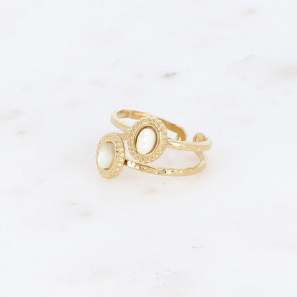 Bague - 2 rangs, 2 pierres naturelles ovales, contour effet milgrain