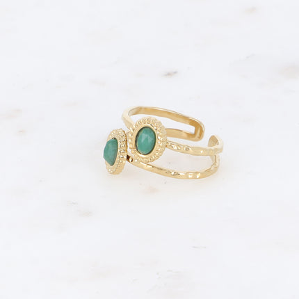 Bague - 2 rangs, 2 pierres naturelles ovales, contour effet milgrain