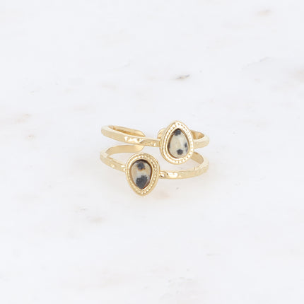 Bague - 2 rangs, 2 pierres naturelles gouttes, contour effet milgrain