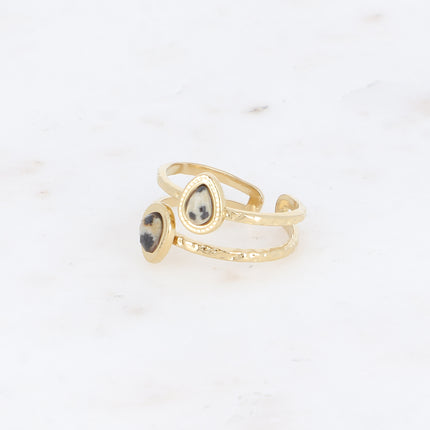Bague - 2 rangs, 2 pierres naturelles gouttes, contour effet milgrain