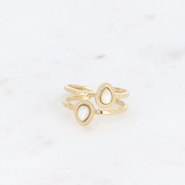 Bague - 2 rangs, 2 pierres naturelles gouttes, contour effet milgrain