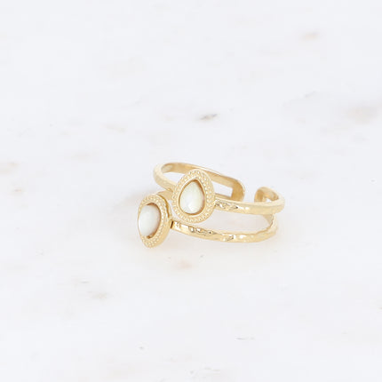 Bague - 2 rangs, 2 pierres naturelles gouttes, contour effet milgrain