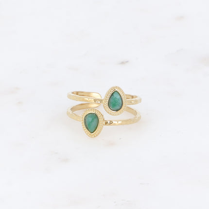 Bague - 2 rangs, 2 pierres naturelles gouttes, contour effet milgrain