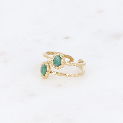 Bague - 2 rangs, 2 pierres naturelles gouttes, contour effet milgrain