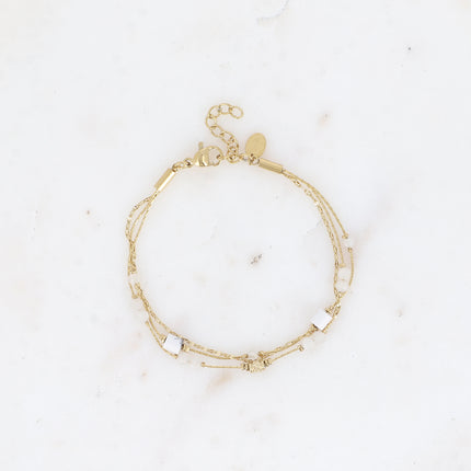 Bracelet Jamila - 3 rangs, mailles café et serpent avec pierres naturelles cylindriques