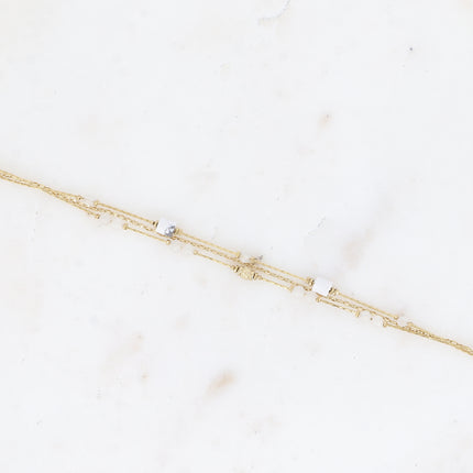 Bracelet Jamila - 3 rangs, mailles café et serpent avec pierres naturelles cylindriques