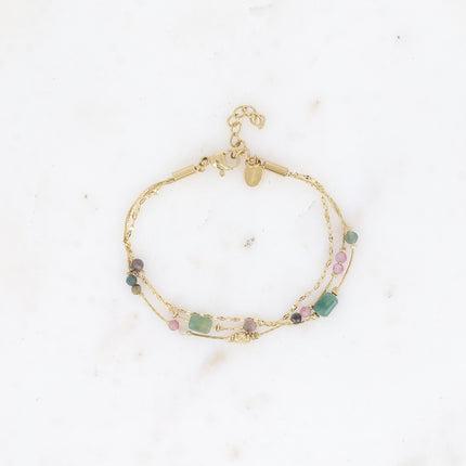 Bracelet Jamila - 3 rangs, mailles café et serpent avec pierres naturelles cylindriques