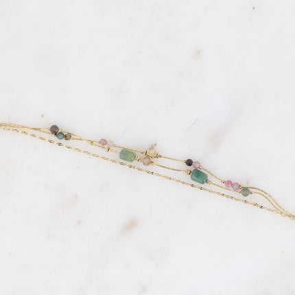 Bracelet Jamila - 3 rangs, mailles café et serpent avec pierres naturelles cylindriques