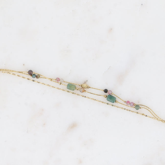 Bracelet Jamila - 3 rangs, mailles café et serpent avec pierres naturelles cylindriques