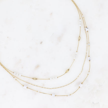 Collier Jamila - 3 rangs, mailles café et serpent avec pierres naturelles cylindriques