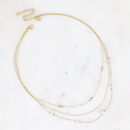 Collier Jamila - 3 rangs, mailles café et serpent avec pierres naturelles cylindriques