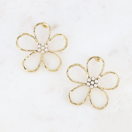 Boucles puces Trinity - grande fleur ajourée et bille en résine blanche nacrée