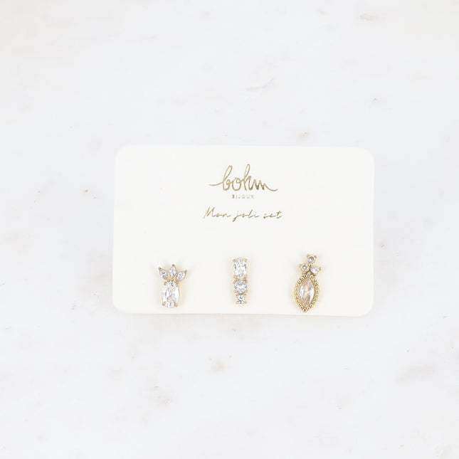 Set de 3 piercings (ananas, cristaux, amande)