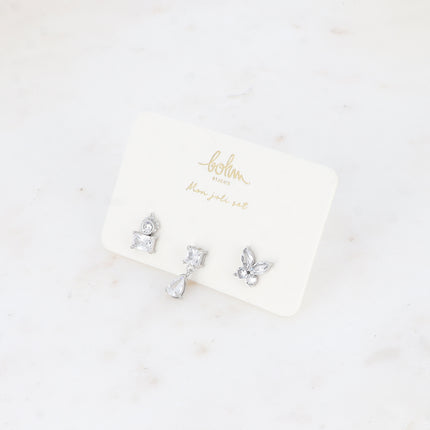 Set de 3 piercings (rond et rectangle, carré et goutte et papillon)