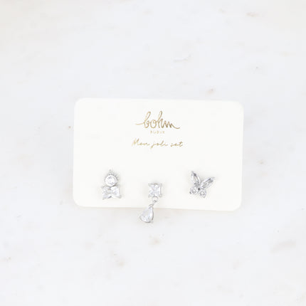 Set de 3 piercings (rond et rectangle, carré et goutte et papillon)