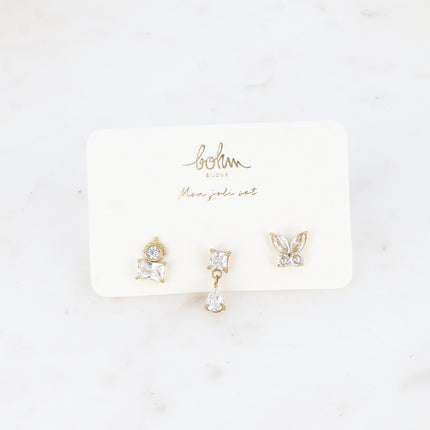 Set de 3 piercings (rond et rectangle, carré et goutte et papillon)