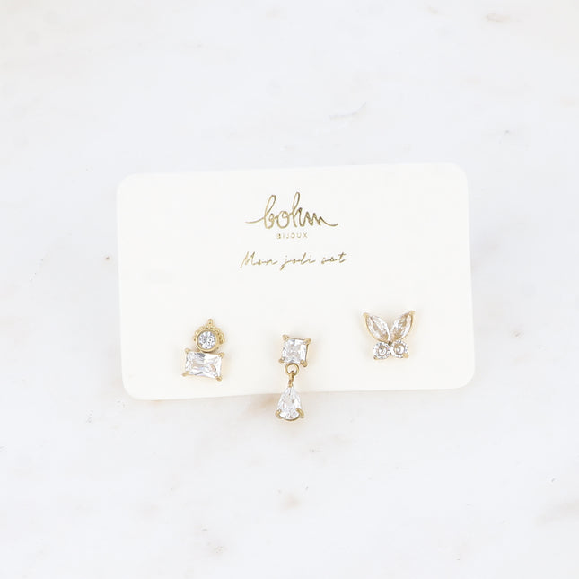 Set de 3 piercings (rond et rectangle, carré et goutte et papillon)