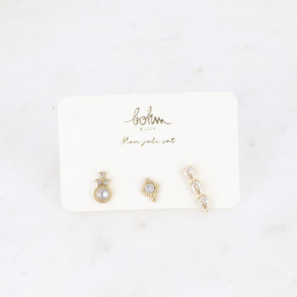 Set de 3 piercings (cristaux ronds, gouttes)