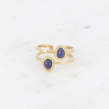 Bague - 2 rangs, 2 pierres naturelles gouttes, contour effet milgrain