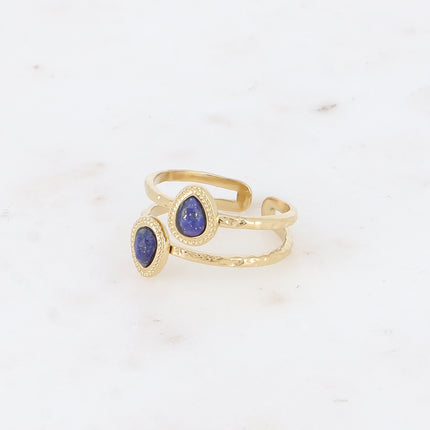 Bague - 2 rangs, 2 pierres naturelles gouttes, contour effet milgrain