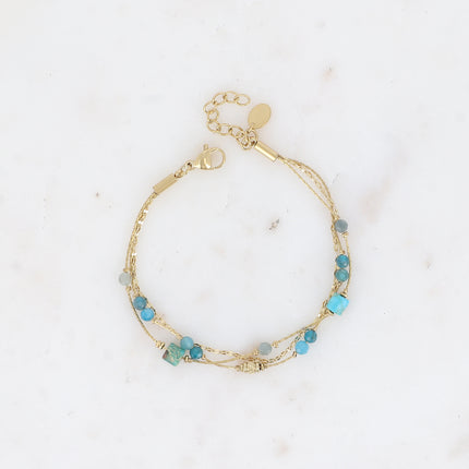 Bracelet Jamila - 3 rangs, mailles café et serpent avec pierres naturelles cylindriques