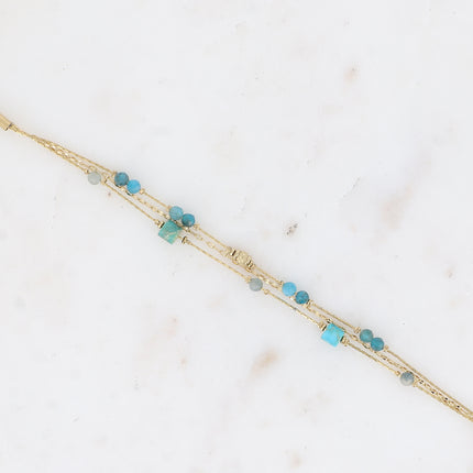 Bracelet Jamila - 3 rangs, mailles café et serpent avec pierres naturelles cylindriques